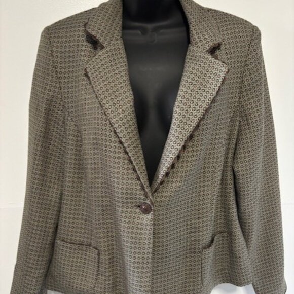 Cato Brown Cream Blazer 14 Geometric Weave Notch Lapel Long Sleeve Piping Modern - Picture 1 of 9